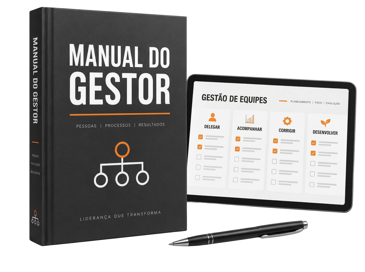 Mockup do Manual do Gestor com tablet de gestão de equipes: delegar, acompanhar, corrigir e desenvolver